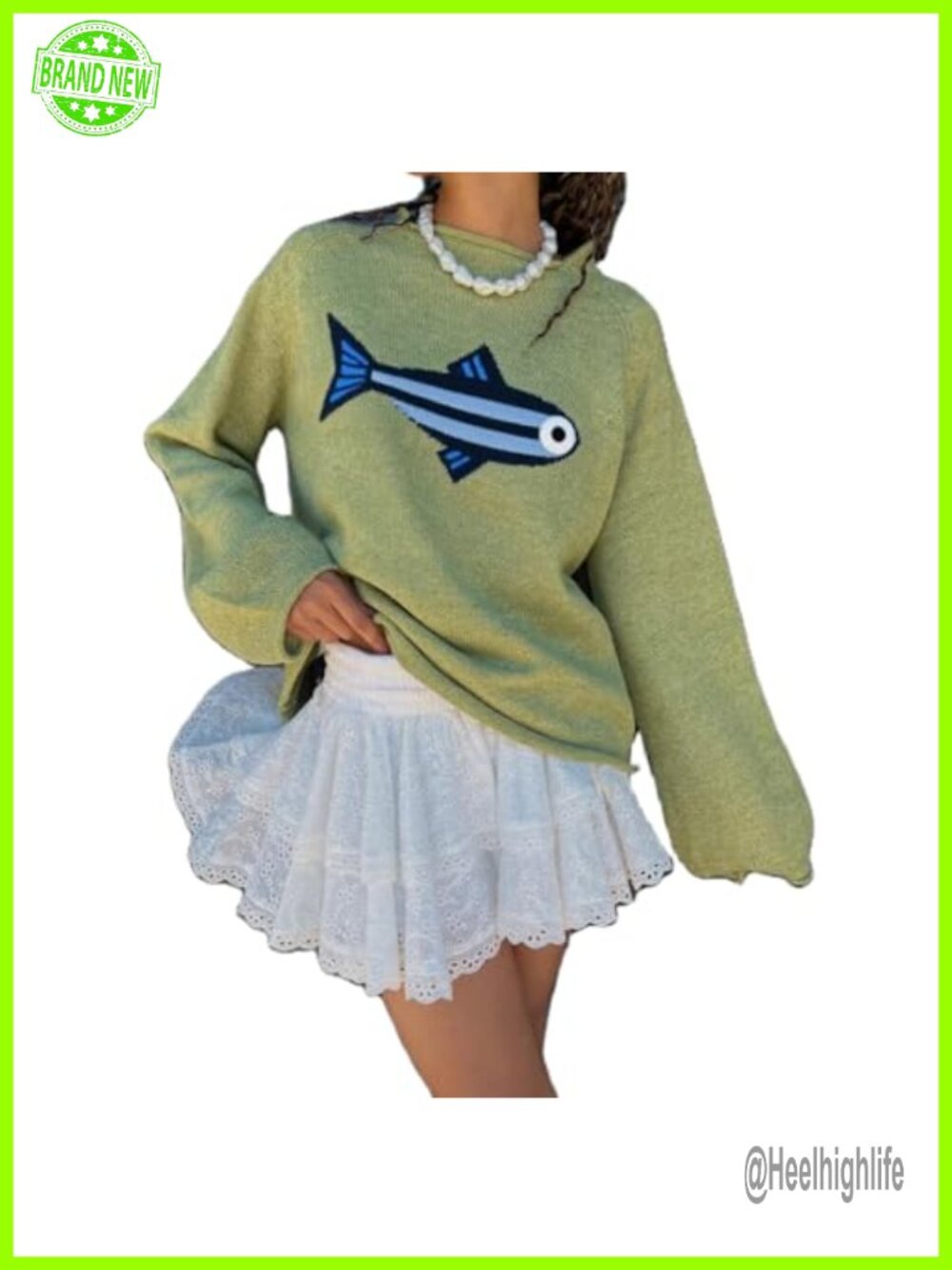 Oversized Rib Knit Fish Graphic Sweater Crew Neck Vintage Pullover